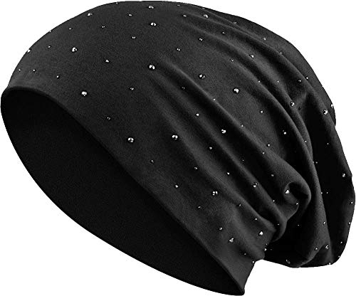 Jersey Baumwolle elastisches Long Slouch Beanie Unisex Herren Damen mit Strass Stern Steinen Mütze Heather in 35 (7) (Black)