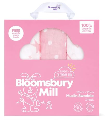 Bloomsbury Mill - 3er-Pack Pucktücher – 100% Reine Bio-Baumwolle - Große Mulltücher für Baby - 120 cm x 120 cm – Sterne, Winkelmuster & Punktmuster – Rosa & Weiß