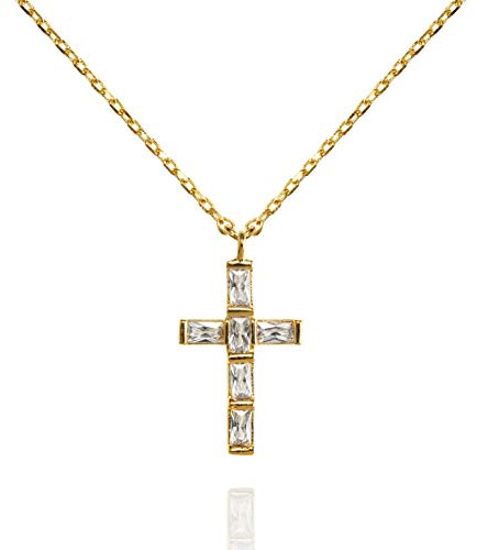 Collier Pendentif Namana en Croix serti de Pierres en Baguettes. Pendentif en Croix en Plaqué Or ou Plaqué Rhodium pour Femmes, Hommes et Enfant. (Or, Plaqué or)