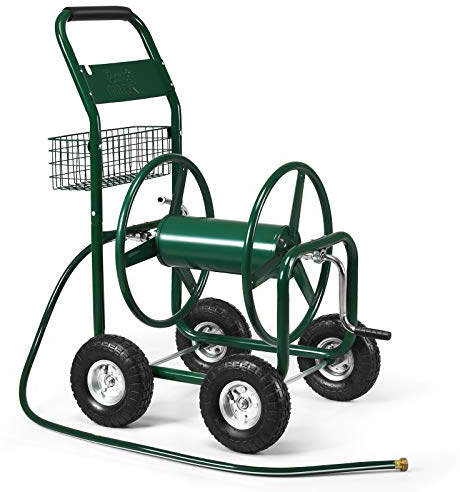 GOPLUS Schlauchwagen, Gartenschlauchwagen für 5/8 Schlauch bis 80m, Schlauchtrommel mit Korb & Gummireifen, Schlauchaufroller, aus Metall, grün, 95 x 62 x 113cm
