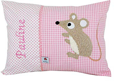 Glückspilz Namenskissen Babykissen I Maus I mit Namen personalisiert I Geschenk zu Geburt, Taufe oder Geburtstag I Rosa (40 x 60 cm)