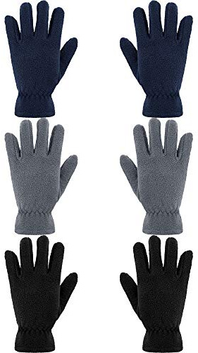 SATINIOR 3 Pairs Kids Fleece Gloves Winter Soft Warm Gloves for Boys Outdoor Activities (Black, Gray, Navy, 8-12 Years)