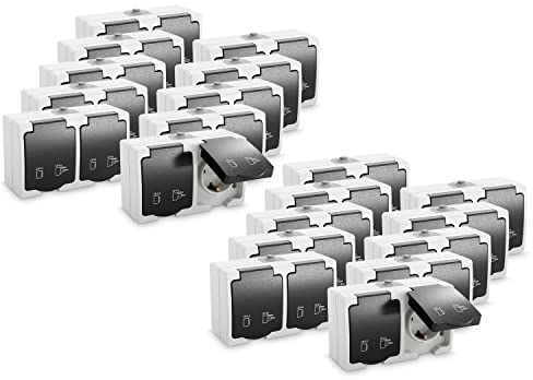 greate 20x Feuchtraum Steckdose Aufputz 2fach - Doppelsteckdose Aufputz mit Klappdeckel IP44, 250V, 16A, 2 polig - Aufputzsteckdose 2fach, Feuchtraumsteckdosen Aufputz, Steckdose Aussenbereich