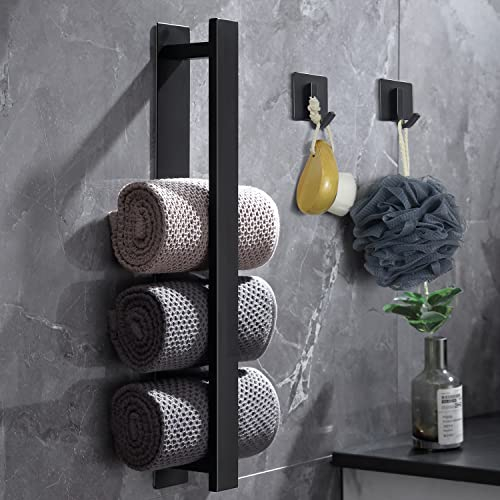 Self Adhesive Towel Rail Holder Wall Mounted with 2 Hooks No Drilling, 40cm Stainless Steel Matt Black Towel Rails Stick on Bathrooms/Kitchen Accessories