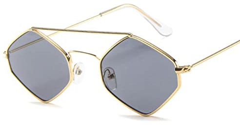 XKUN Lunettes de Soleil Femme Diamant Femmes Rétro Métal Double Poutre Lunettes Sauvages Lunettes Polygonales Océan Lunettes-Gold-Gray,Black