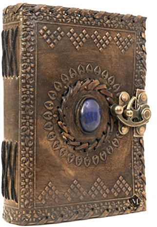 MONTEXOO Leather Bound Journal Sketch book - Genuine Embossed Journals for Writing Men Women 5 X 7 inches - Unlined Paper 200 Pages Notebook Brown Diary Blue Stone With Lock