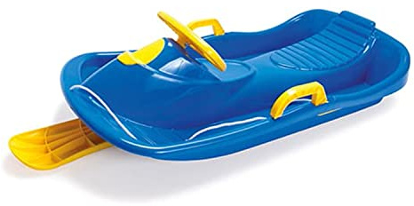 Dantoy - Trineo para niños a partir de 3 años - Azul y amarillo - Con volante y frenos y cuerda con mango - Trineo infantil para deportes de invierno - El trineo se fabrica en Dinamarca.