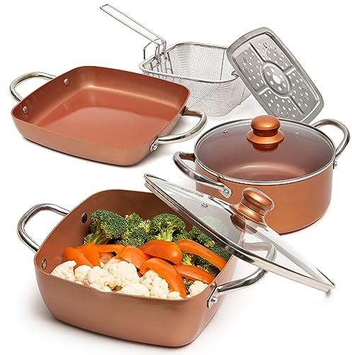 Moss & Stone Lot de 7 casseroles et poêles en cuivre antiadhésives, poêles carrées en cuivre pour la cuisine, casseroles rondes en cuivre et panier à frire, passe au four, poêle profonde de 5 litres,