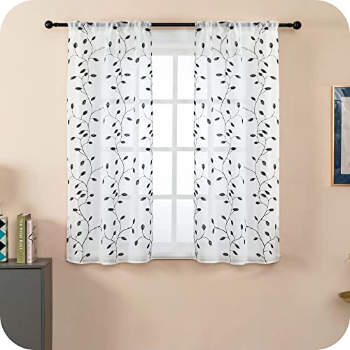 GIRASOLE HOME® Coppia Tende Filtranti in Simil Lino Fantasia Rampicanti Tenda per Finestra ed Interni 2 Pannelli con Tasca e Passanti Nascosti (Nero, 70x138cm)