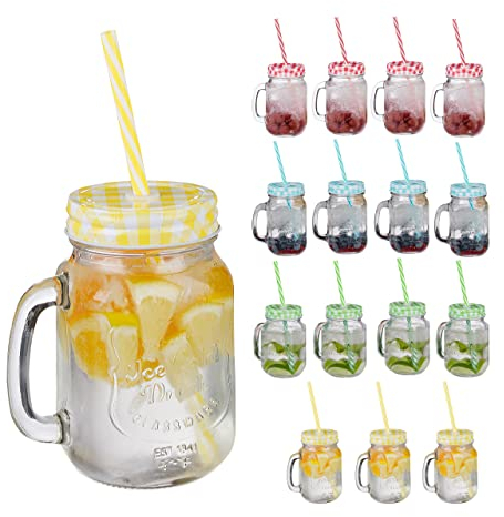 Relaxdays Trinkgläser mit Deckel und Strohhalm, 16er Set Limonadengläser, 500 ml, Retro Sommergläser mit Henkel, bunt