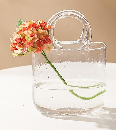 Purse Glass Vase,Cute Clear Glass Vase,Hand Blown Glass Vase for Centerpieces, Bedroom,Office Table Decor,Wedding Events,Gift & Small Fish Tank (Transparent)