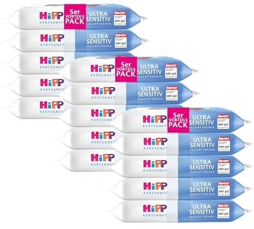 HiPP Ultra Sensitiv Feuchttücher, 720 Stück (3 x 240), mit 99 % Wasser, ohne Parfum, hautverträglich ab dem 1. Tag, ideal für empfindliche Babyhaut, auch bei Neurodermitis-Neigung