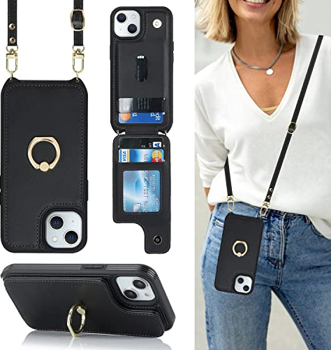 Cavor Phone Case compatible with iPhone 14/13 With Card Holder With Lanyard Strap,Flip Leather Wallet Case,Ring Kickstand Shockproof Cover Case compatible with iPhone 14/13 - Black