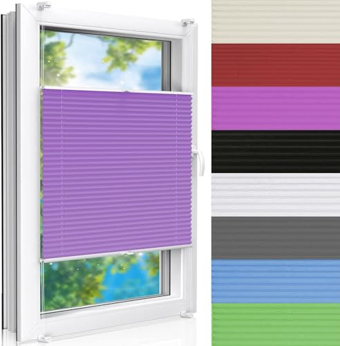 Faltrollo Ohne Bohren 30 x 130 cm Plissee Rollo Ohne Bohren Einstellbarer inkl. Befestigungsmaterial für Fenster & Balkontür, Lila
