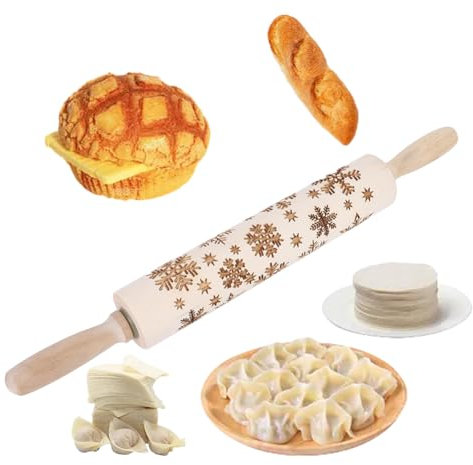 Topyond Embossed Rolling Pin, Wooden Baking Tool with Snowflake Pattern, Beechwood Dough Roller for Cookies, Pizza, Fondant, Holiday Baking Accessories