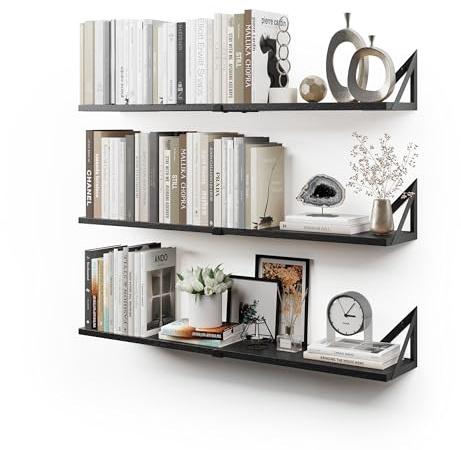 CASSA NOKO Wandmontierte schwebende Bücherregale für die Wand, 3er-Set, Regal Bücherregal für Schlafzimmer Wohnzimmer Büro Badezimmer Küche Rustikales Holz mit Metallhalterung (schwarz groß)