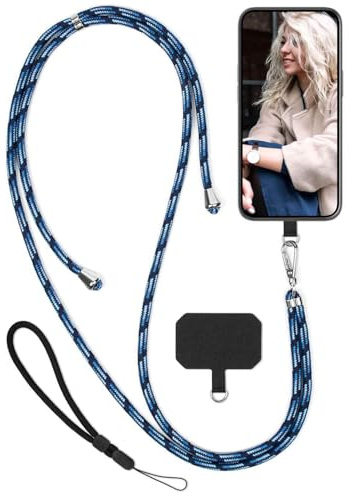 moex Unleash für Samsung Galaxy S24 Handyband zum Umhängen ohne Hülle, Handykette Universal mit Karabiner, Handy Band abnehmbar, Kette mit Pad für Handyhülle, Navy, Silber