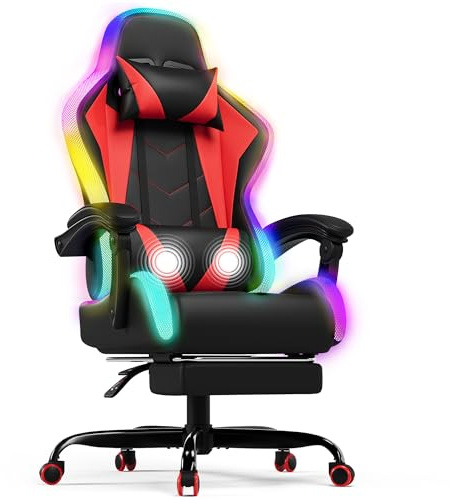 Devoko LED Gaming Chair with Footrest – Ergonomic Reclining Game Chair for Adults with Massage Lumbar Cushion, RGB Lights, High Back, Adjustable PC Gamer Chair, Red