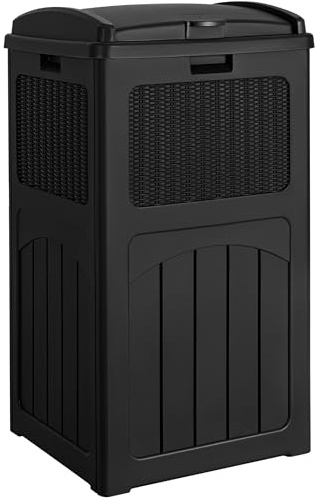 Devoko 33 Gallon Outdoor Trash Can with Dual Lid, Heavy Duty Waterproof Resin Garbage Bins Outside, Hideaway Waste Bins for Patio, Outside Pool, Backyard and Deck (1, Black)