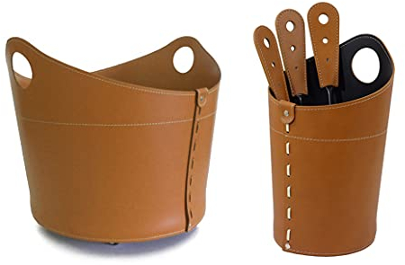 LIMAC Design INCAD Kamingarnitur aus Leder, bestehend aus Kaminholzhalter, 4-teiliges Kaminbesteck mit Ledertasche, Kaminzubehör Modern Design, Hergestellt in Italien. (Braun)