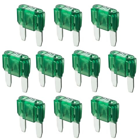 30A KFZ Mini Sicherungen - 10 Stück Set für 5V 12V 24V 32V | 11mm Größe | Stecksicherungen für Boot, Motorrad, Wohnmobil & Roller | Autosicherungen als Flachsicherungen Ersatzsicherungen - Grün