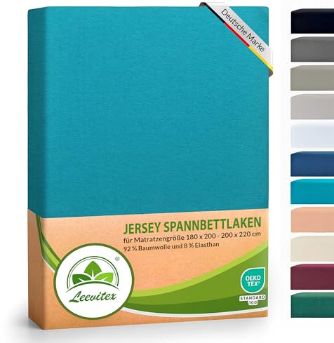 leevitex® Luxus Elasthan Jersey Spannbettlaken | 180x200 – 200x220 cm | Multistretch | 250 g/m² | 92% Mako-Baumwolle und 8% Elasthan | 40cm Steghöhe | außergewöhnlich hochwertige Ausführung | Petrol