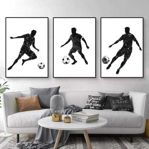 3er Bunt Fußball Poster Set, Kinderzimmer Wandbilder, Fußball Bilder Set für Teenager Jungen Schlafzimmer, Leinwand für Wohnzimmer Wanddeko Geschenk, Ohne Rahmen (Schwarz und Weiß Fußball,21x30cm)