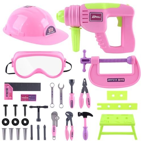 deAO Lot de 39 outils pour enfants, comprend une perceuse électrique, des tournevis et divers accessoires, cadeau pour enfants de 3 4 5 6 ans (rose)