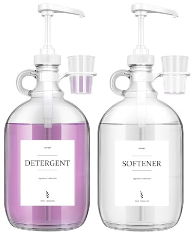 2 Pcs Glass Liquid Laundry Detergent Dispenser with Cup Holders, Half Gallon Dispenser for Laundry Room (64 oz. Each), Laundry Detergent Bottles with Pump Dispenser -Includes Labels, Measuring Cups