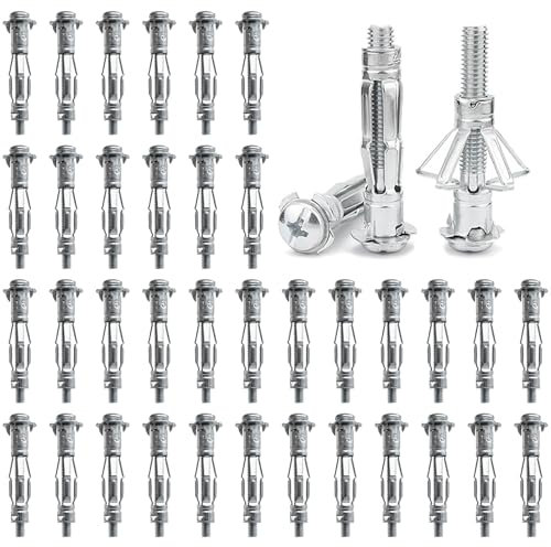 DAIRYCOF Lot de 50 chevilles murales en métal galvanisé M4 x 38 mm - Écrous d'expansion pour murs creux - Fixations fines pour fixations dans les plaques de plâtre (50, M4 x 38 mm)
