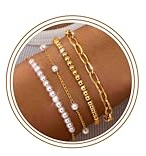 ORAZIO 4 Stück Perlen Armband Damen Gold 14 Karat Vergoldet Wasserfest Edelstahl Armband Verstellbares Perlenarmband Büroklammer Armkette Armbänder Gold Schmuck für Damen