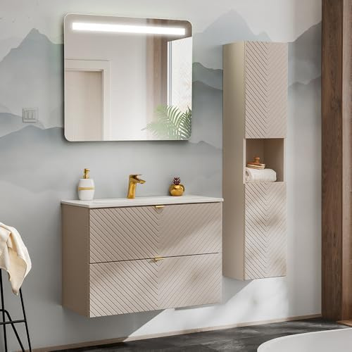 Lomadox Badezimmer Badmöbel Set 3-teilig in Kaschmir mit 80 cm Waschtisch mit Keramikwaschbecken, LED-Spiegel, Hochschrank, gerillte Front, wandhängend