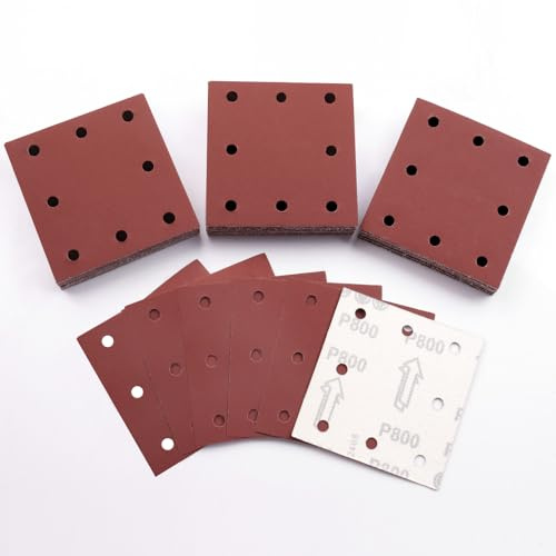 Sruhrak 50 Piezas 110x115mm Lijas para Lijadora, 800 Grano Rectangulares Papel de Lija 8 Agujeros Hojas de Lija para Rectangulares Lijadoras y Lijadora Orbital