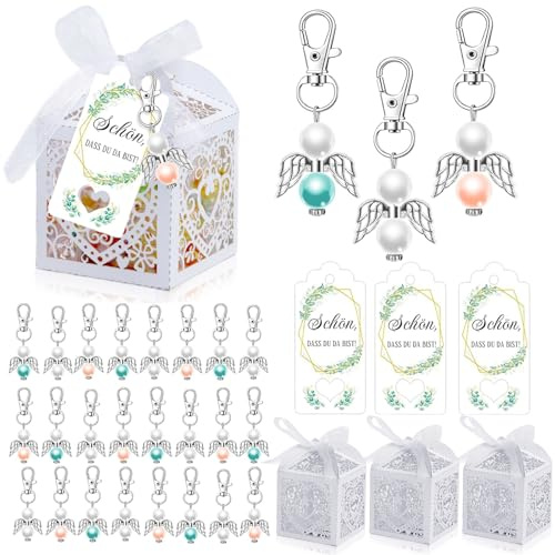 Johiux 24 Stück Schutzengel Glücksbringer mit Geschenkbox Gastgeschenke Hochzeit Kommunion Taufe Weihnachten,Gastgeschenke Hochzeit mit Schutzengel Anhänger und Karte