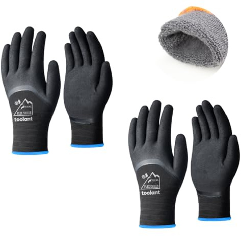toolant 3/4-Coated Winter Work Gloves for Men & Women, 2 Pairs, Black, 2XL | Waterproof Freezer Gloves, Dual-Layer Latex Coating, Thermal Insulated, Grip, Touchscreen, for Snow Removal, Winter Work.