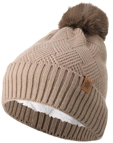 ViEinkaufen Winter Hat for Women,Bobble Hat Double Layer Stain Lines Beanie Winter Cap with Pom Pom for Women Ladies Gift(Khaki)