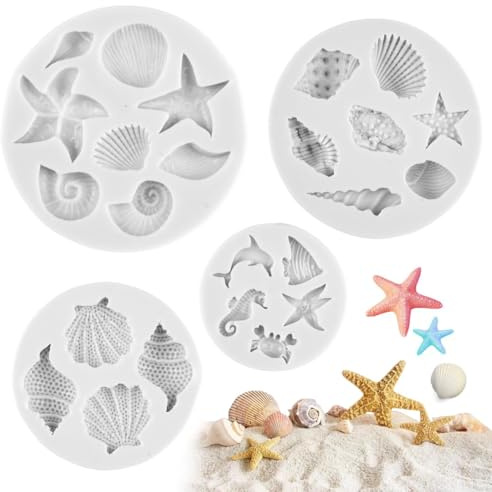 KineticKraft 4 Pcs Marine Theme Cake Fondant Silicone Mold,Chocolate Moulds | Seashell Conch Starfish Coral Baking Molds,Shell Silicone Moulds for DIY Cake Decoration Candy Crafting Project