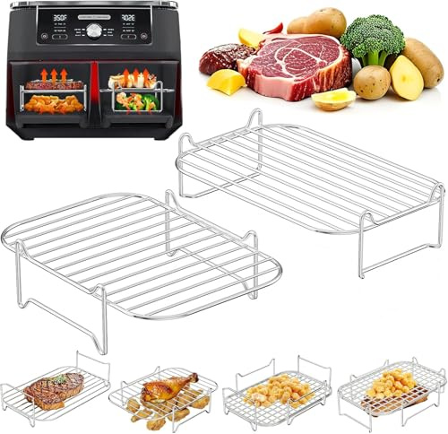 PETHREE 2Pcs Air Fryer Accessories Air Fryer Rack for Ninja AF300UK AF400UK | 304 Stainless Steel Airfryer Rack Compatible with Ninja, Cosori, Russell Hobbs Twinfry Double Drawer Airfryer 7.6L-10.4L