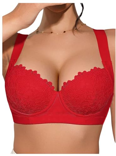 OYOANGLE Women's Push Up Lace Bras Underwire Adjustable with Wide Strap Lingerie Shaping Support Sexy Bras Red 38C