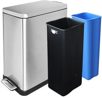 JM ·YIPENG Recycling Bins, 50L Slim Double Kitchen Bin,20+30L Double Pedal Bin with Lids and Plastic Inner Buckets,Stainless Steel Dual Bins for Kitchen Recycling and Waste,Silver