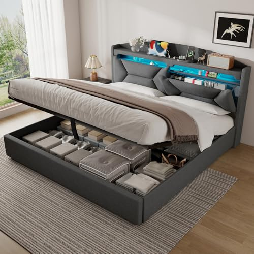 ZUUYEE Letto Matrimoniale 180x200 con Contenitore, Letti Matrimoniali con LED, USB e Type-C, Letto Contenitore Idraulico, Letti Matrimoniali con Doghe, Lino, Grigio, Senza Materasso