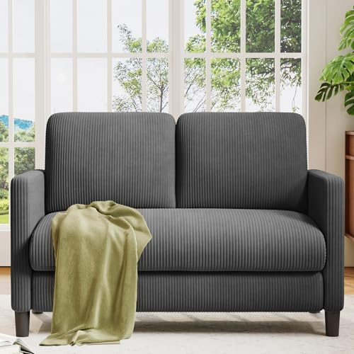 Welzona Sofa 2 Sitzer Klein, 130cm Cord Kleines 2er Sofa für Wohnzimmer | Bequemer Kordstoff, Werkzeugfreies Aufstellen, Bezüge Waschbar, 2-Seater Sofa für Schlafzimmer, Jugendzimmer, Vollholz, Grau