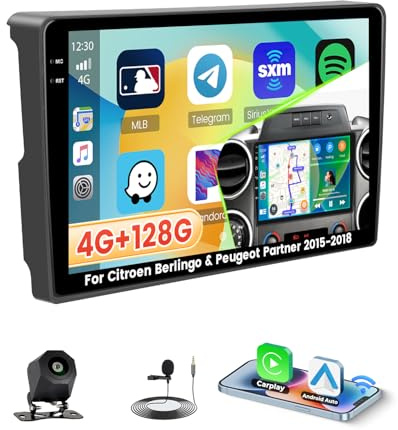 Roinvou 4G+128G Android Radio 15 för Citroen Berlingo & Peugeot Partner 2015-2018 Incell Screen Carplay Android Auto, 9'' pekskärm Stereo Radio GPS Bluetooth EQ WIFI RDS FM SWC bakåtriktad kamera