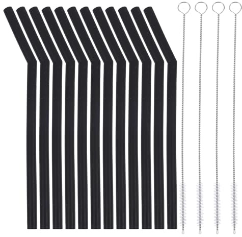 Lurrose Juego de 16 Pajitas Negras de Silicona Reutilizables 12 Pajitas Plegables y 4 Cepillos de Limpieza, Flexibles, Seguras y Aptas para Bebidas como Té Leche y Jugos, Ideales