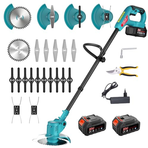 Cortabordes a Batería, Desbrozadora 700W con 2X 4.0Ah Baterías, Ancho de Corte 15cm Plegable, 3-en-1 Cortacésped & Motosierra, 1.7kg Ligero para Jardín