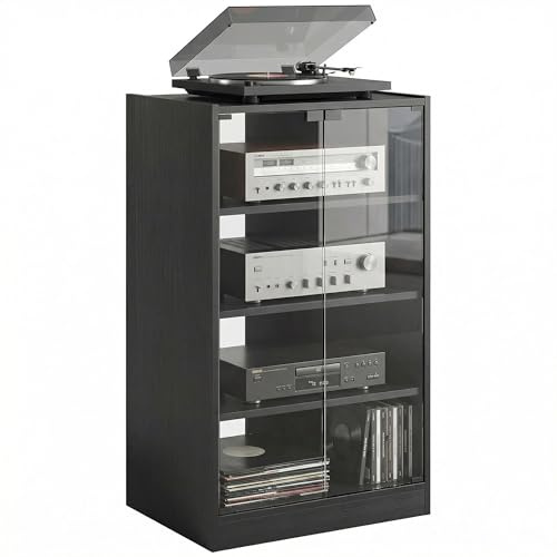 HOMCOM Record Player Stand with Storage 4-Tier Stand Black Wood-Effect