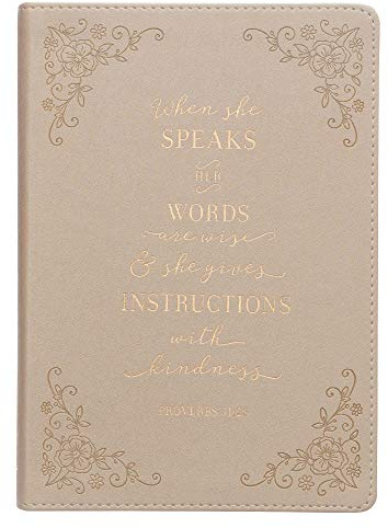 When She Speaks Proverbs 31 Woman Bible Verse Ivory Faux Leather Journal Inspirational Notebook w/Ribbon Marker and Lined Pages, 6 x 8.5 Inches