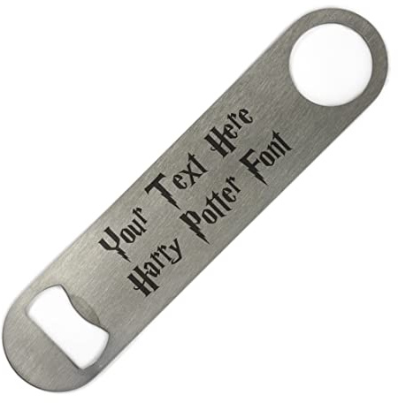 ShopQuality4U Personalised Stainless Steel Bar 18cm/7 Blade Bottle Opener Printed with Any Message That Does Not Fade or Wash Off - Enter Your Own Custom Text Harry P Font Double Sided