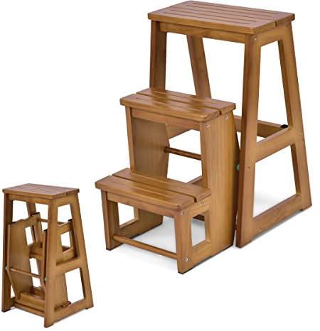 RELAX4LIFE 2 en 1 Taburete Plegable de 3 Peldaños de Madera de Pino, Taburete Escalera Multifuncional con 6 Almohadillas Antideslizantes para Cocina, Dormitorio y Tienda, 38,5x57x66cm (Marrón Claro)