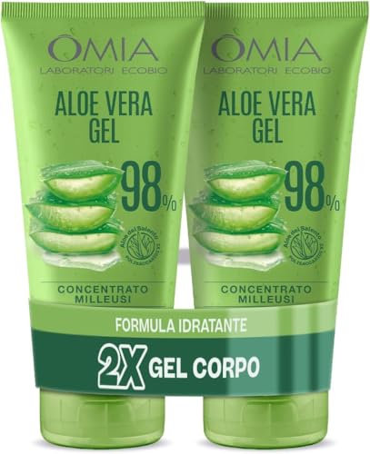 Omia, Gel Corpo e Capelli Eco Bio con Aloe Vera del Salento al 98%, Gel Idratante, Lenitivo e Rinfrescante, per Pelli Secche, Non Unge, Confezione da 2 Pezzi, Flaconi da 150 ml